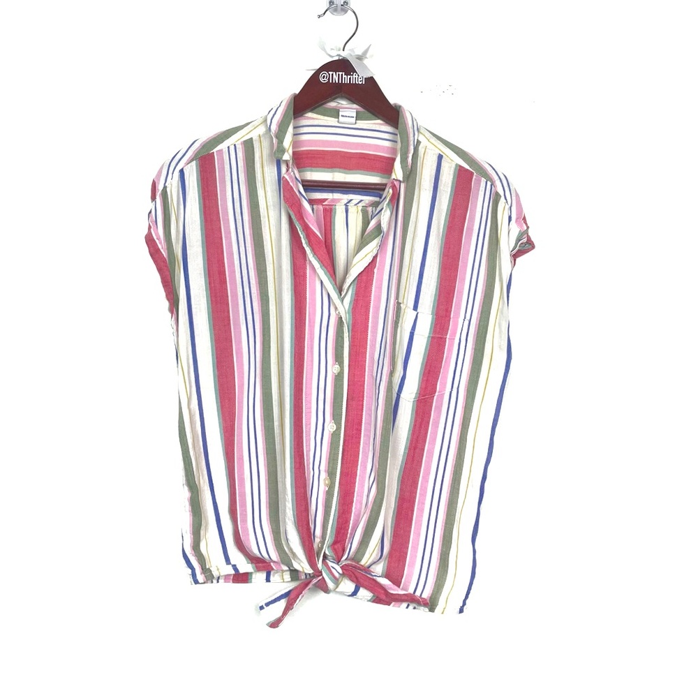 Old Navy Multicolor Striped Tie-Front Blouse - Pink, Green, Blue, White